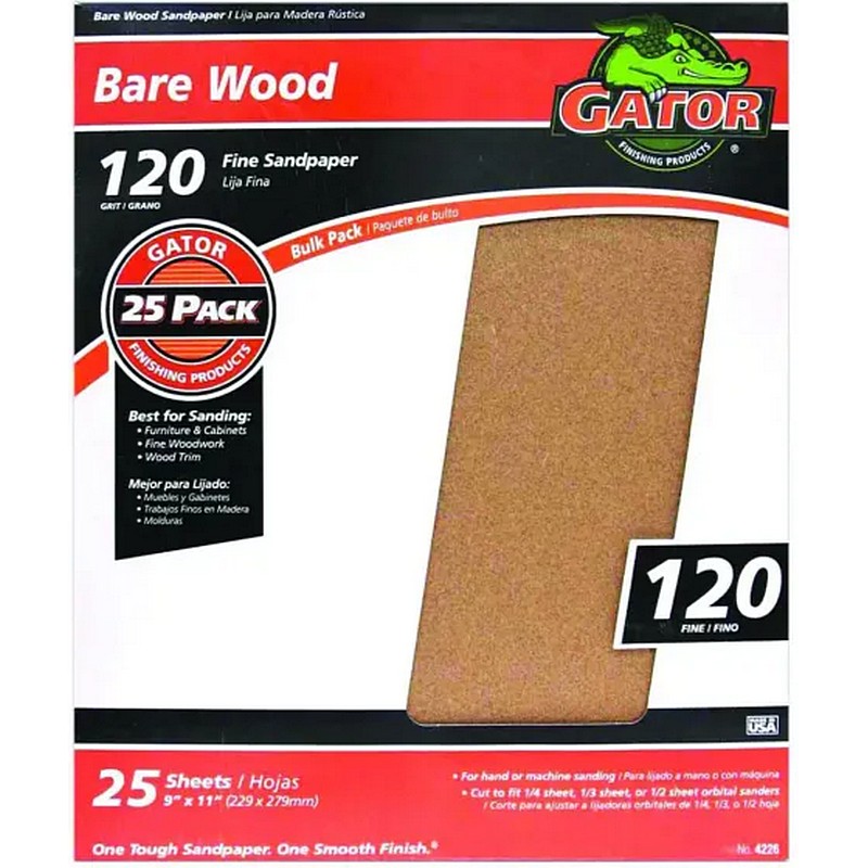 Gator Bare Wood Sandpaper  9 inx11 in 120 Grit 25 ct