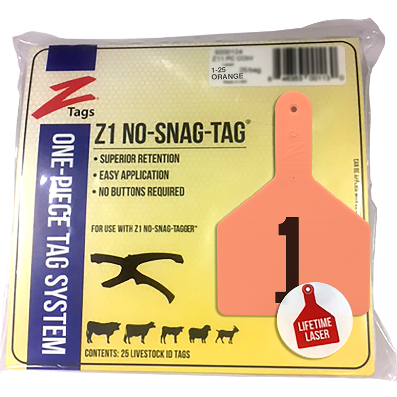 Z1 No Snag Cow Tag Orange 1-25