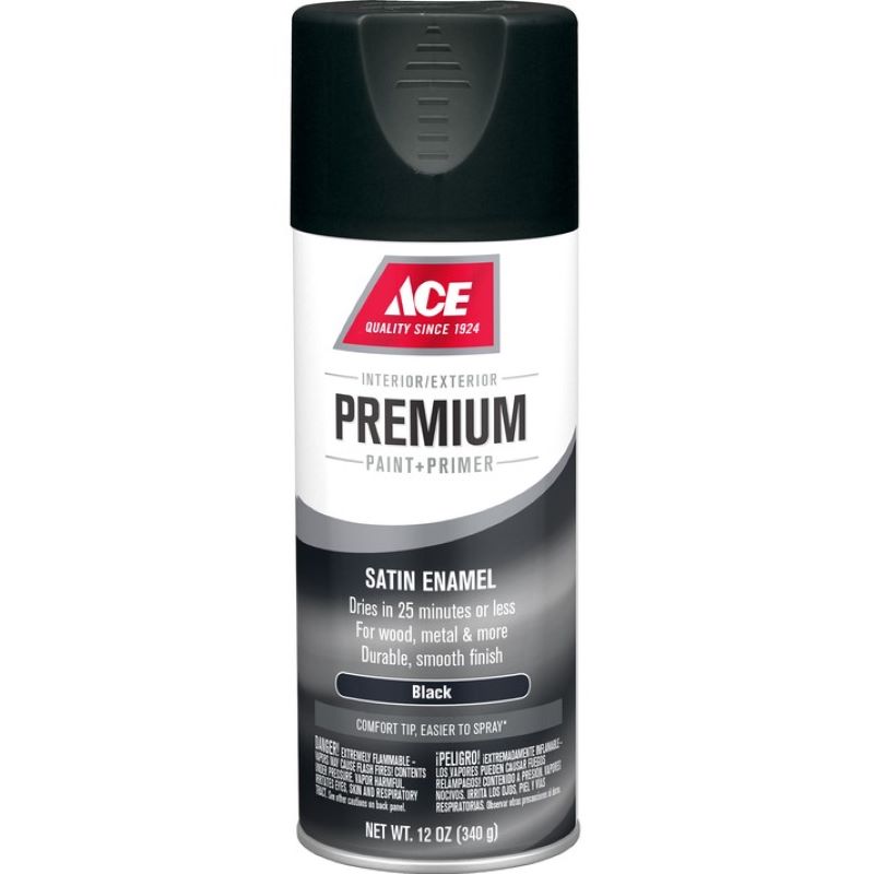 Ace Premium Spray Paint & Primer Satin Enamel Black 12 oz