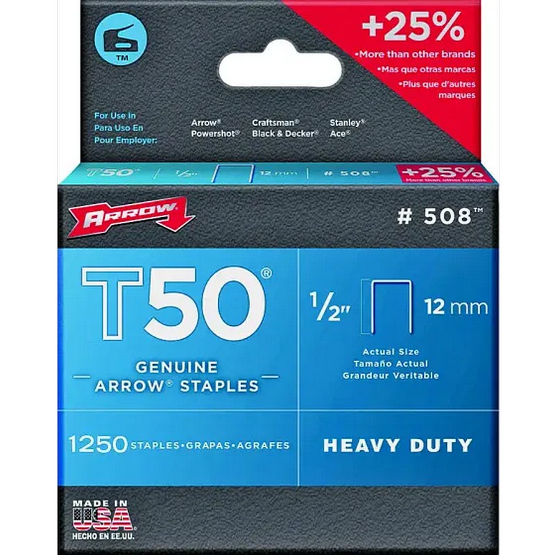 Arrow T50 Staples #508 1/2" 1250 Ct