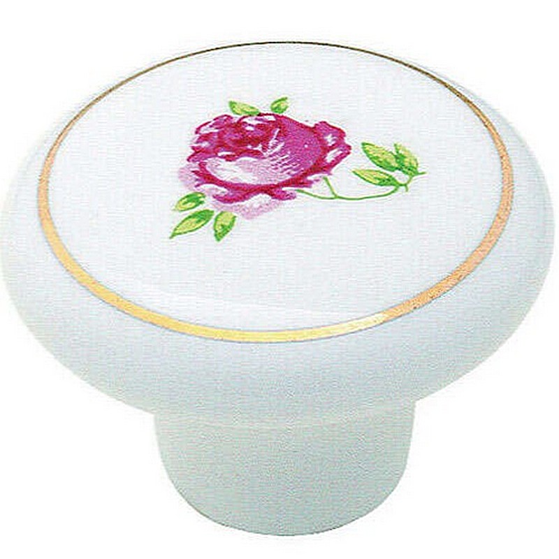 Round Cabinet Knob White with Rose